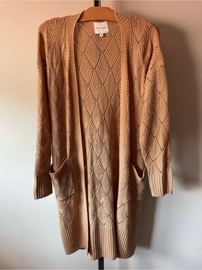 Pink Rose Boho Pointelle Open Front Long Longline Knit Cardigan Duster Small